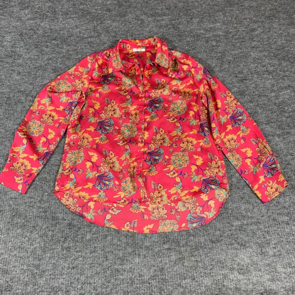 Pleione Blouse Womens Large Pink Floral Paisley Long Sleeve Button Down Coastal